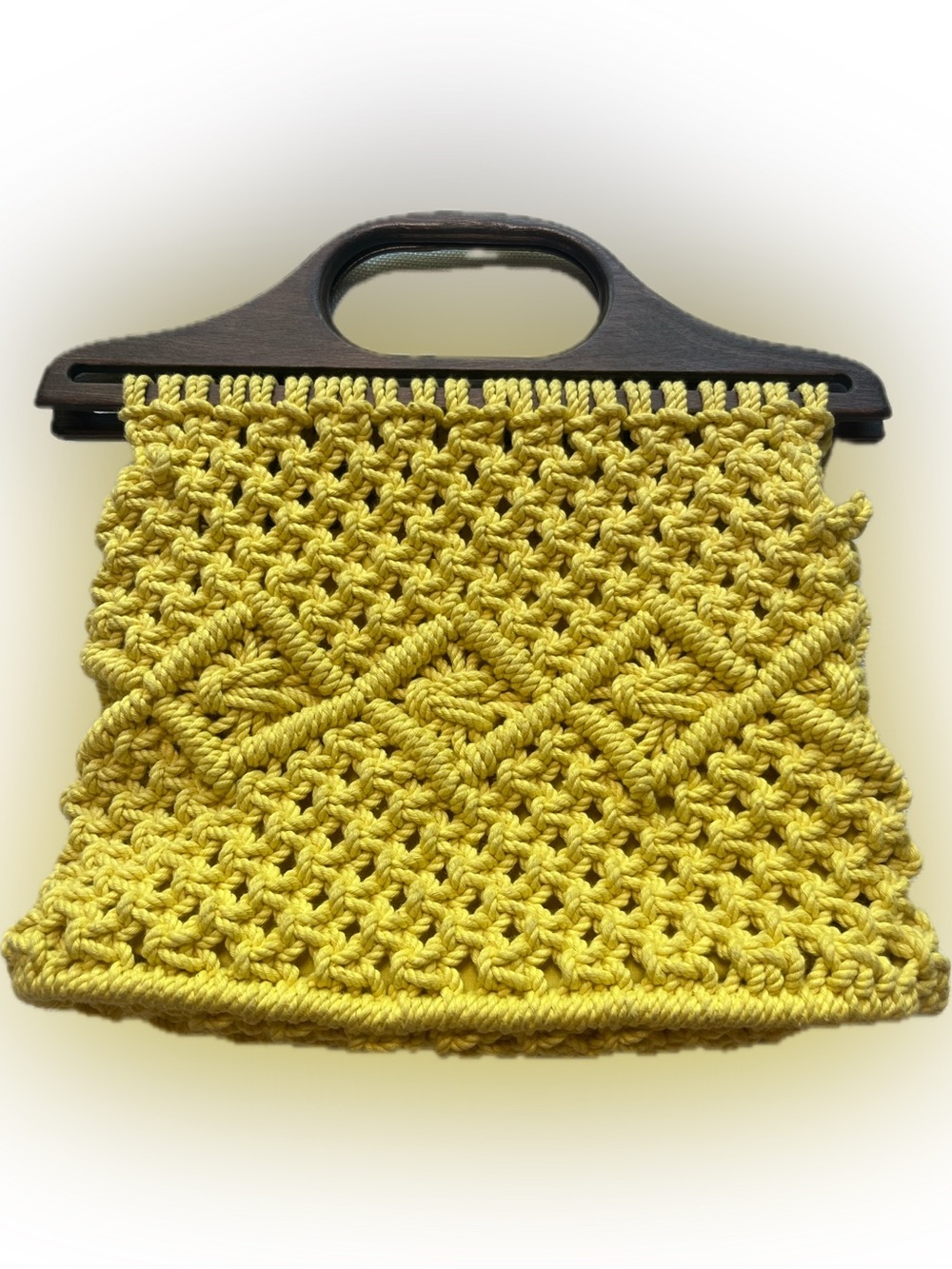 Vintage Handwoven Yellow Mini Macramé Bag with Wooden Handles